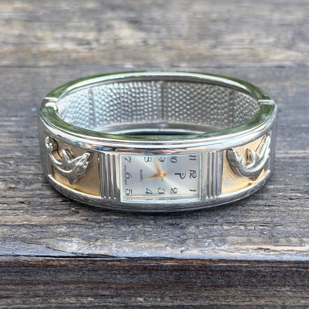 Vintage Womens Ladies Dolphin Watch Two Toned Bangle Bracelet Cuff Needs Battery